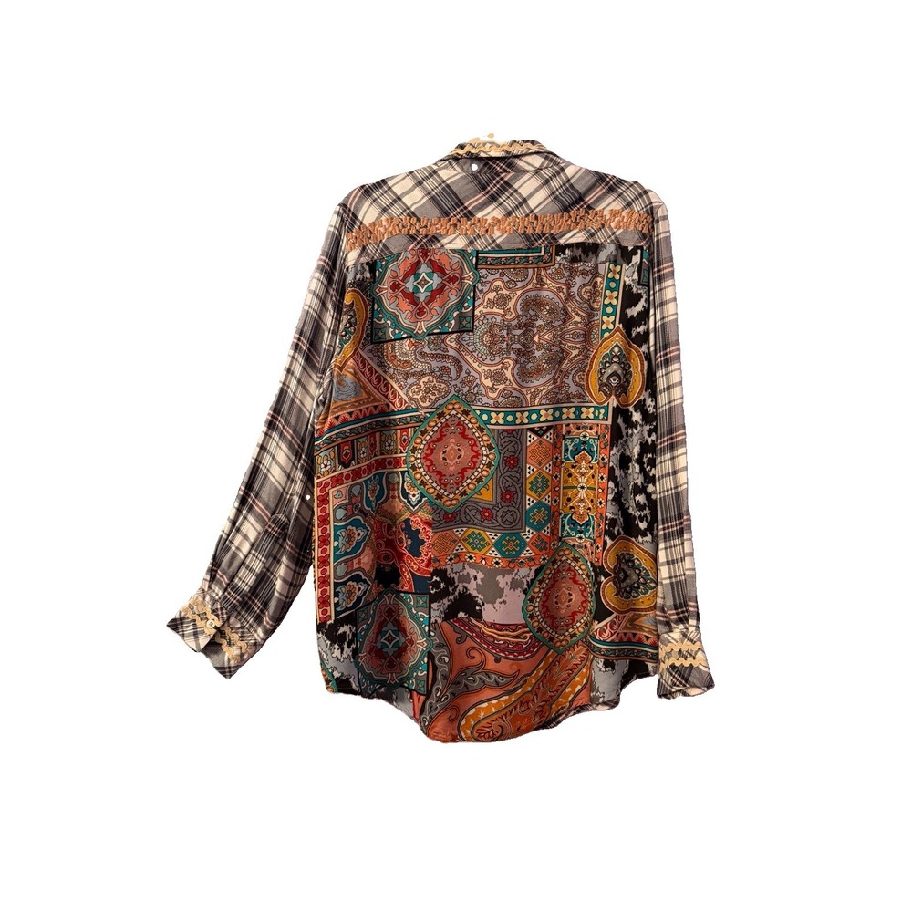 Tolani Embroidered Blouse Top Size L Oversized Button Up Patchwork Tunic Boho